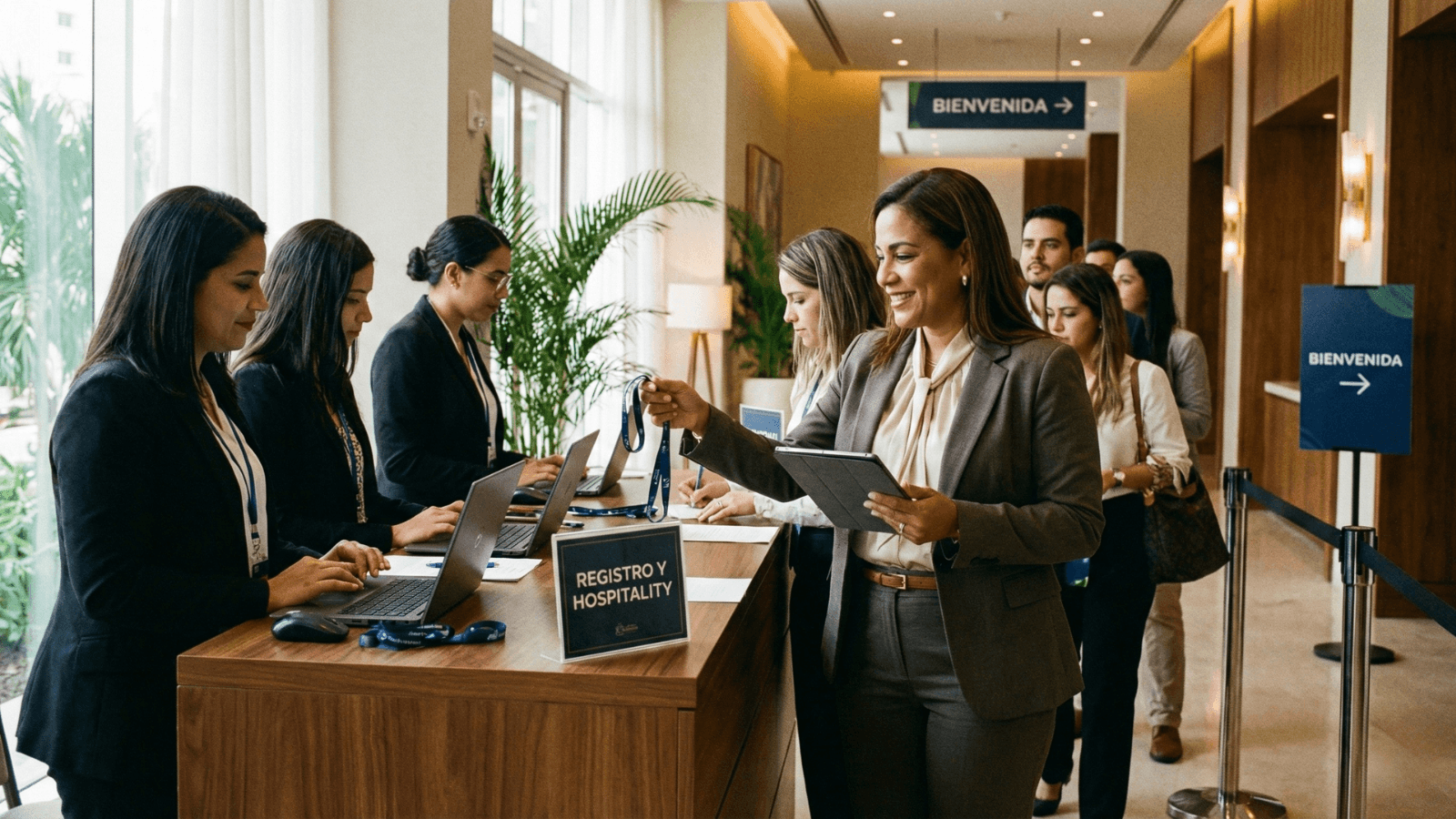 Azafatas y modelos corporativos - Staff profesional de HostPro Panamá en acción durante evento corporativo